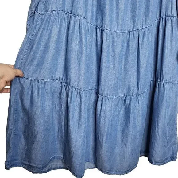 Elliott & Vine Blue Tiered Chambray Tencel Pearl Bell Sleeves Dress Size 3X - Picture 6 of 9
